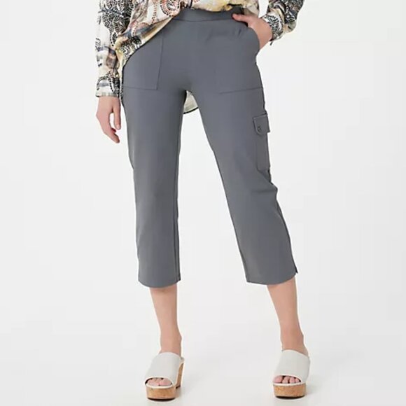 Susan Graver Weekend 3X Tall Gray Premium Stretch Pull-On Cargo Crop Pants - Picture 1 of 12